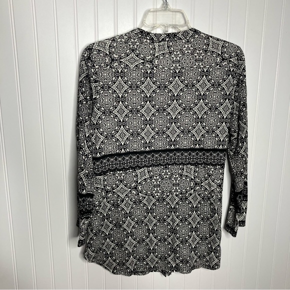 Lucky Brand Top Large Black White Geometric 3/4 Sleeve Boho Fall Casual - Picture 6 of 6